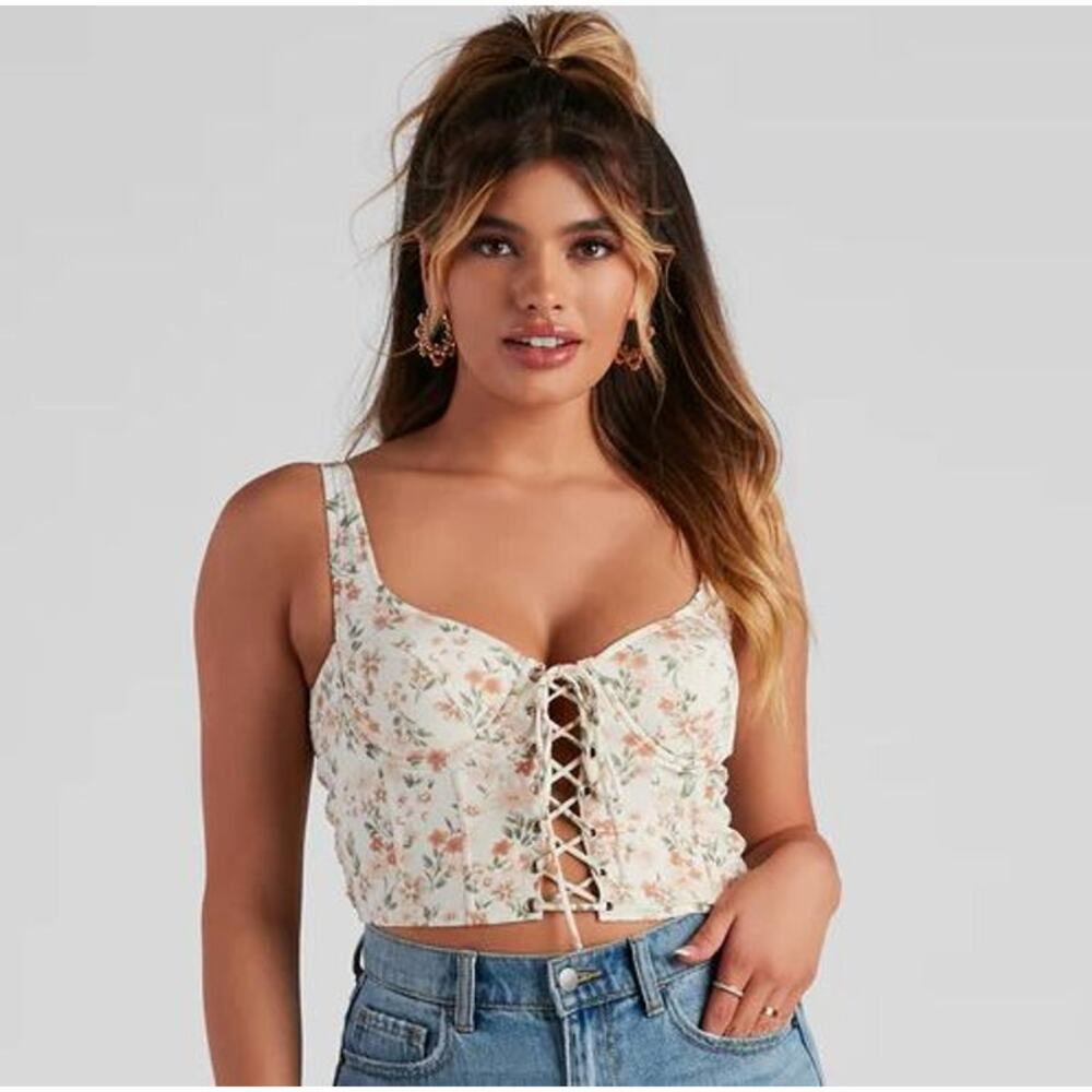 Windsor Spring Fling floral lace-up bustier corset cropped top small